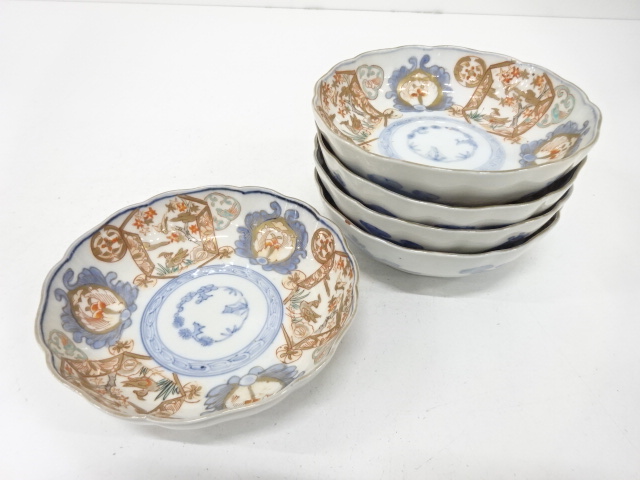 古伊万里　染付赤絵　花鳥　なます皿　5客揃